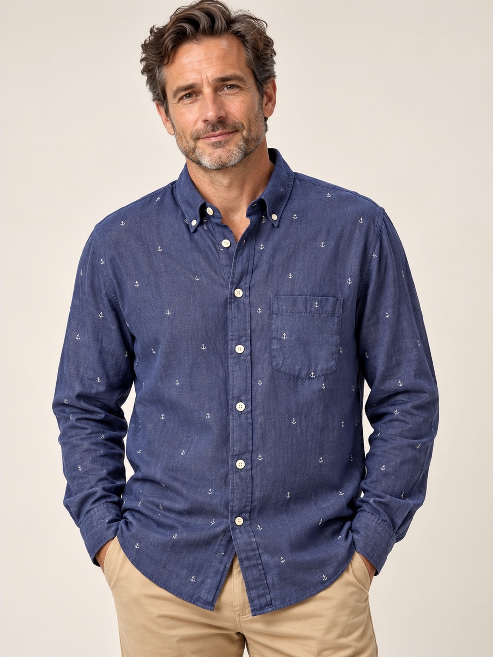 Abercrombie & Fitch Men’s XL 100% Linen Navy Anchor Print Button-Down Shirt